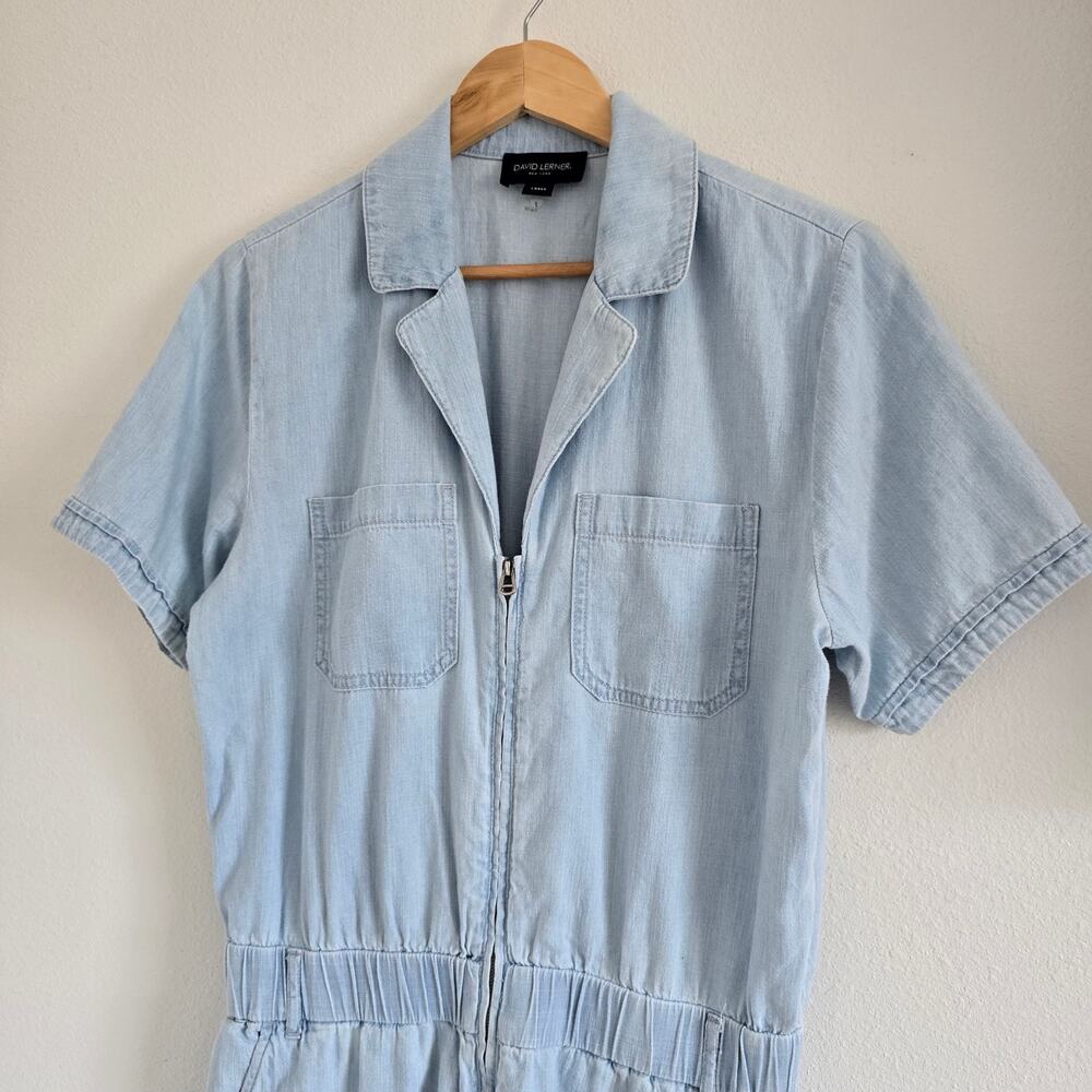 David Lerner Carson Jumpsuit Chambray Denim Size L Short Sleeve Zip Up Revolve - Picture 2 of 8